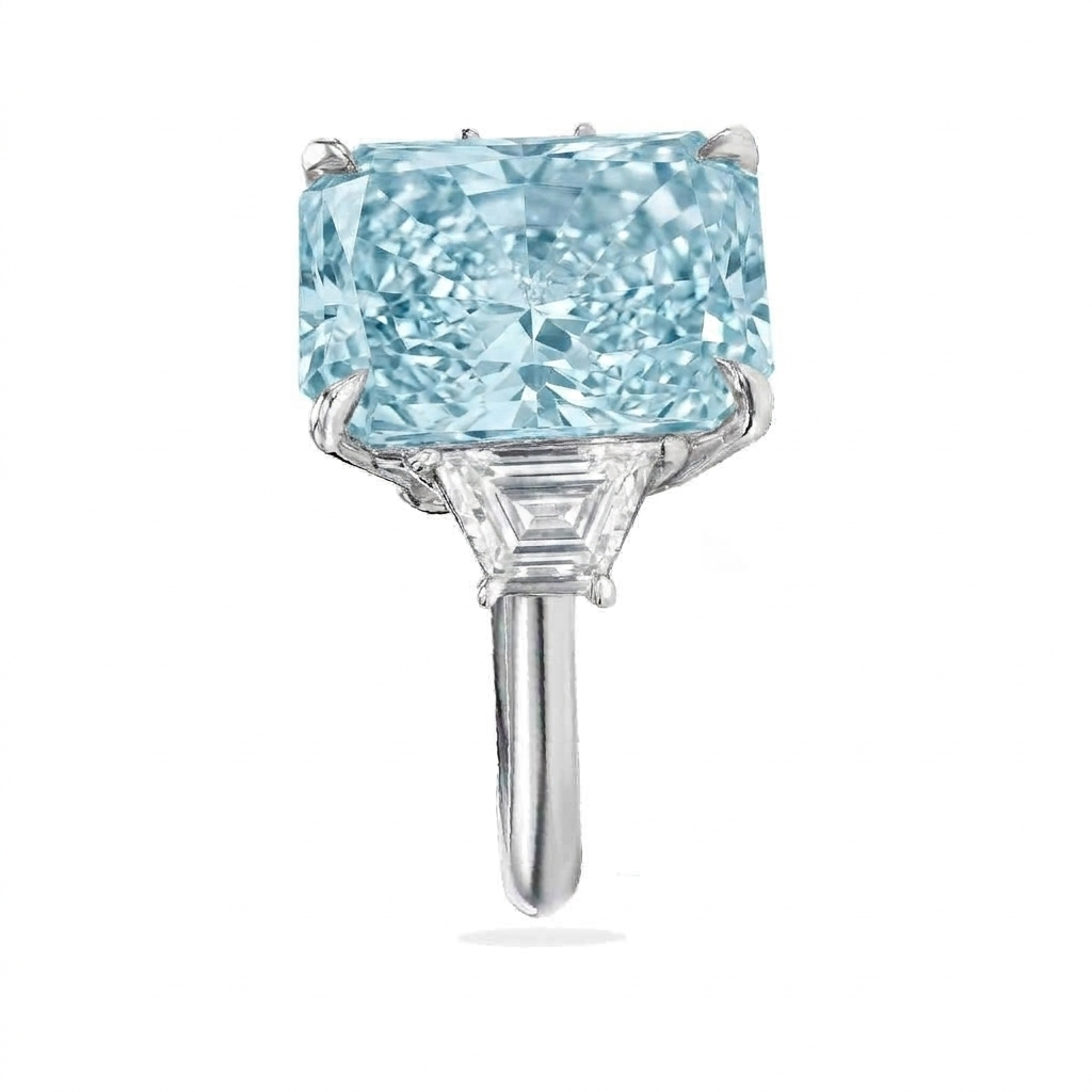 Radiant Cut Lab Aquamarine & Diamond 3 Stone Engagement Ring 14K White Gold (4.37ct)