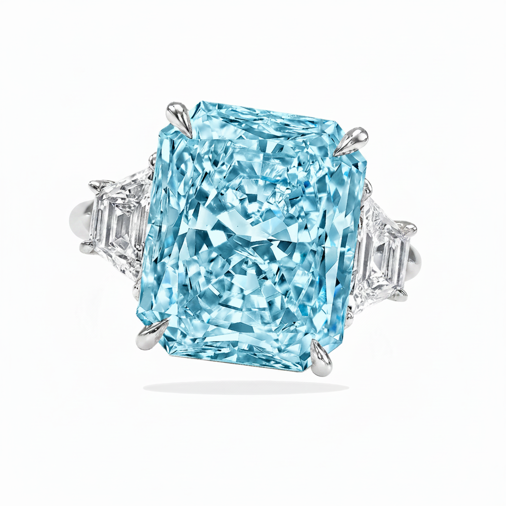 Radiant Cut Lab Aquamarine & Diamond 3 Stone Engagement Ring 14K White Gold (4.37ct)
