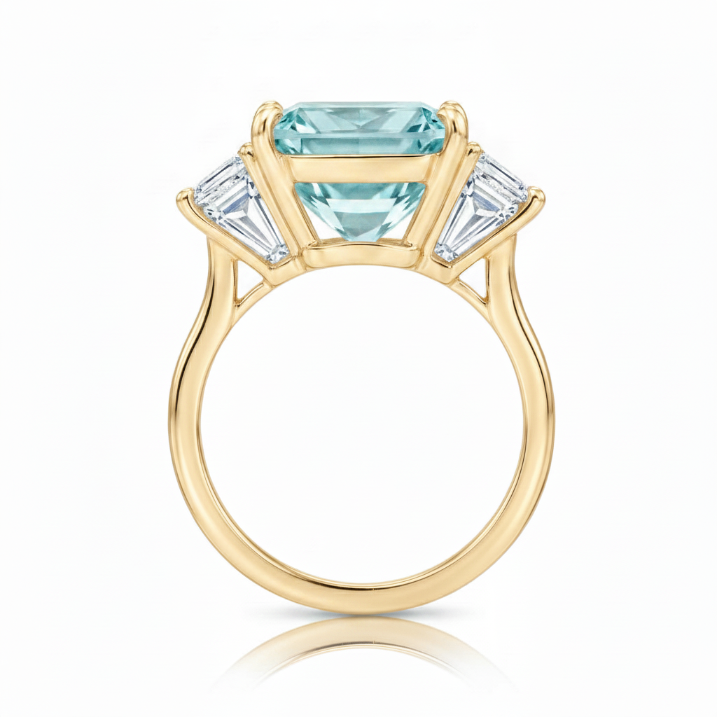 Radiant Cut Lab Aquamarine & Diamond 3 Stone Engagement Ring 14K Yellow Gold (4.37ct)