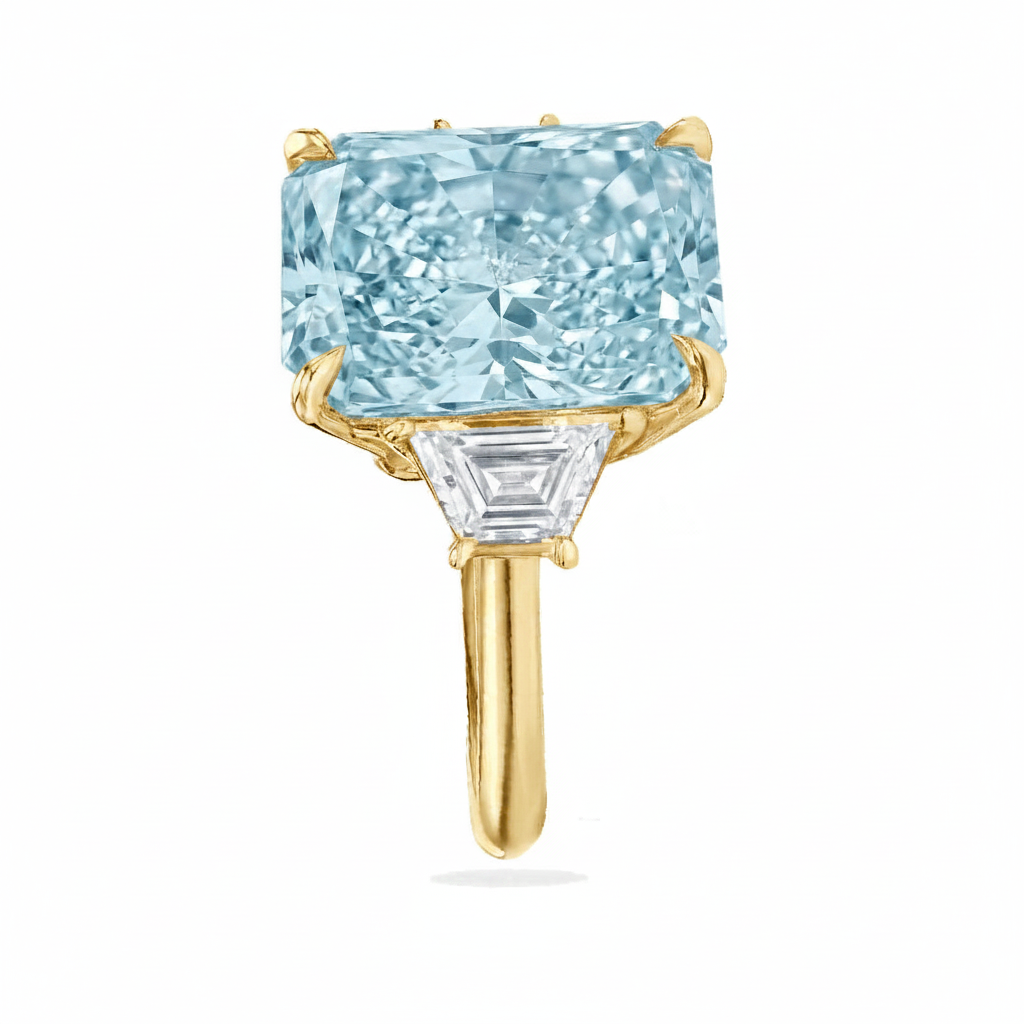 Radiant Cut Lab Aquamarine & Diamond 3 Stone Engagement Ring 14K Yellow Gold (4.37ct)