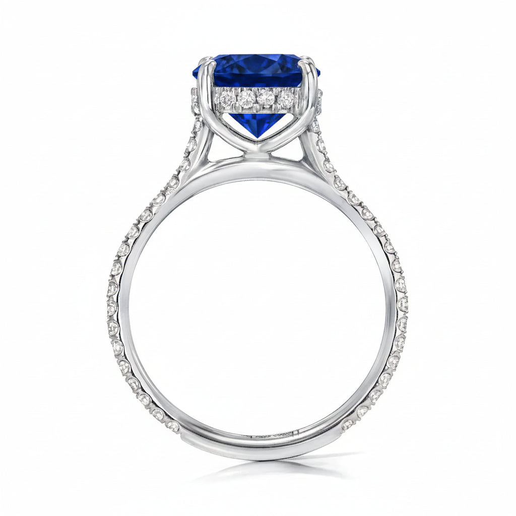 Round Lab Blue Sapphire & Diamond Solitaire Engagement Ring 14K White Gold (3.91ct)