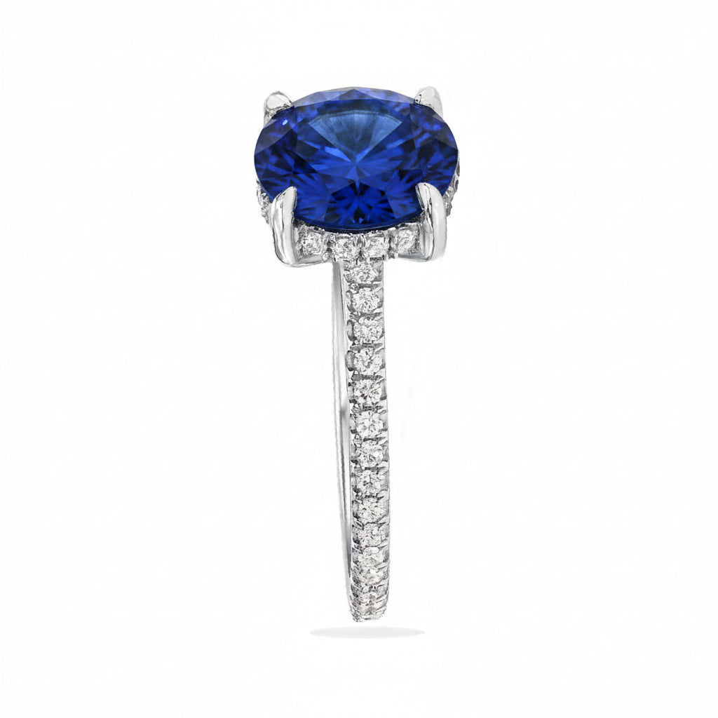 Round Lab Blue Sapphire & Diamond Solitaire Engagement Ring 14K White Gold (3.91ct)