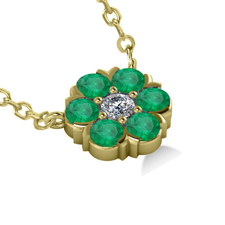 Emerald & Diamond Cluster Pendant Necklace 14k Yellow Gold (1.06ct)
