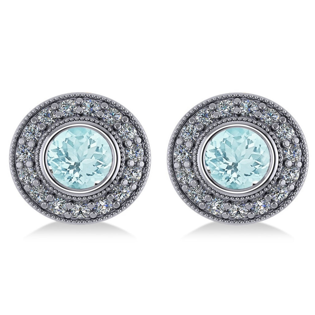 Aquamarine & Diamond Halo Round Earrings 14k White Gold (3.52ct)