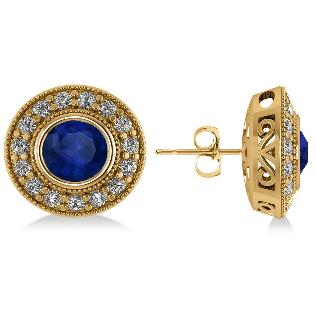 Blue Sapphire & Diamond Halo Round Earrings 14k Yellow Gold (3.72ct)