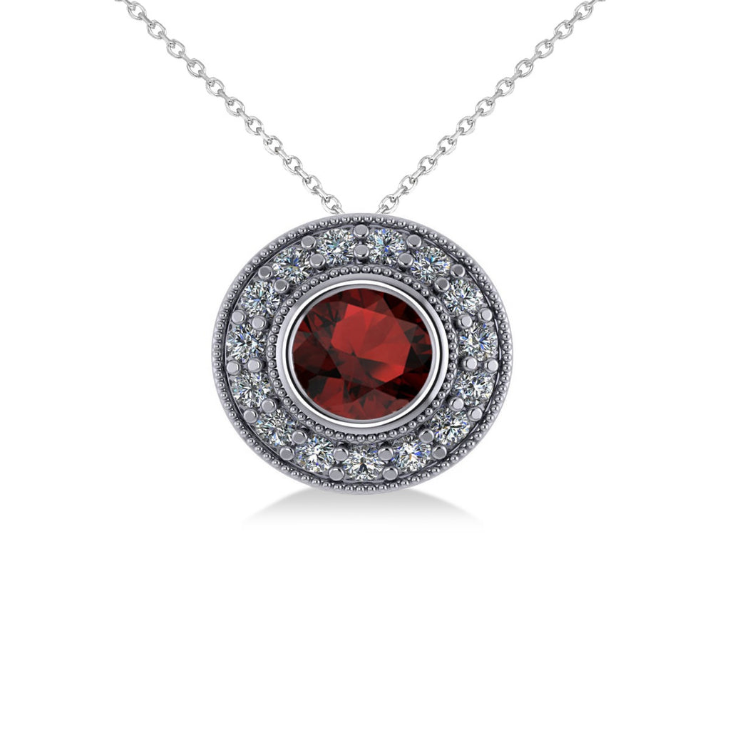 Round Garnet & Diamond Halo Pendant Necklace 14k White Gold (1.85ct)