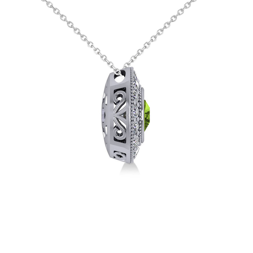 Round Peridot & Diamond Halo Pendant Necklace 14k White Gold (1.56ct)