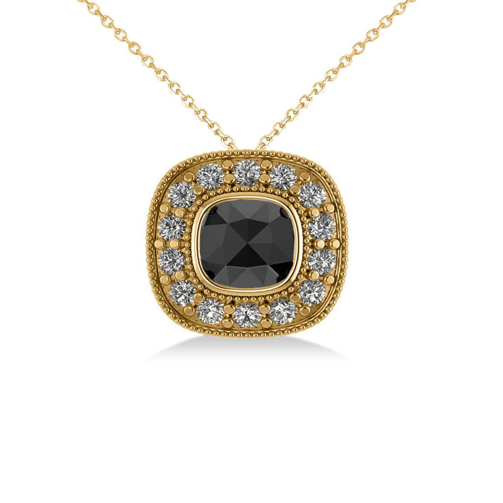 Black Diamond & Diamond Halo Cushion Pendant Necklace 14k Yellow Gold (1.26ct)