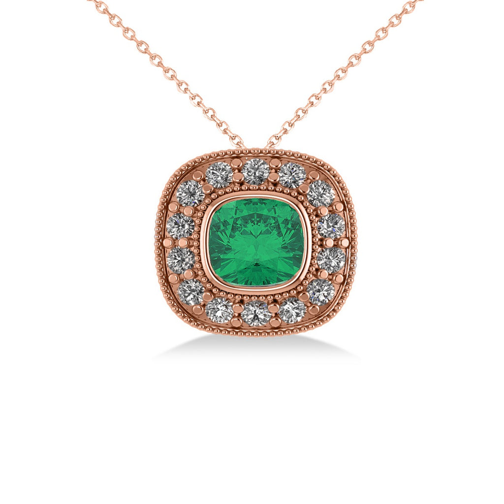 Emerald & Diamond Halo Cushion Pendant Necklace 14k Rose Gold (1.22ct)