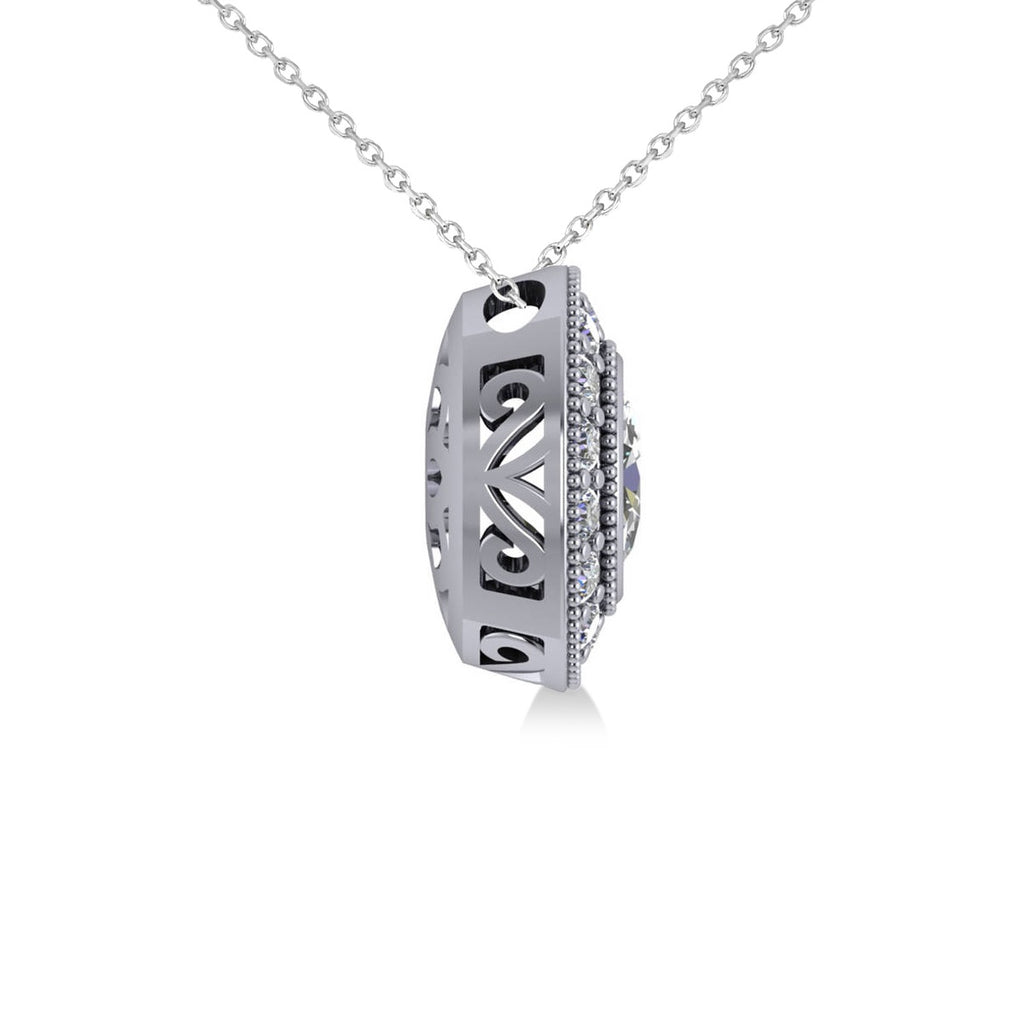 Diamond Halo Oval Pendant Necklace 14k White Gold (1.18ct)