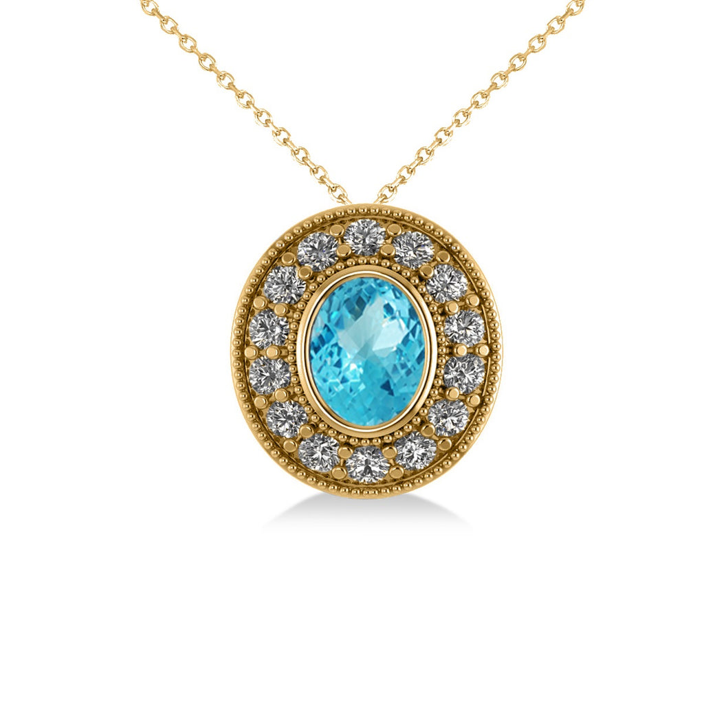 Blue Topaz & Diamond Halo Oval Pendant Necklace 14k Yellow Gold (1.52ct)
