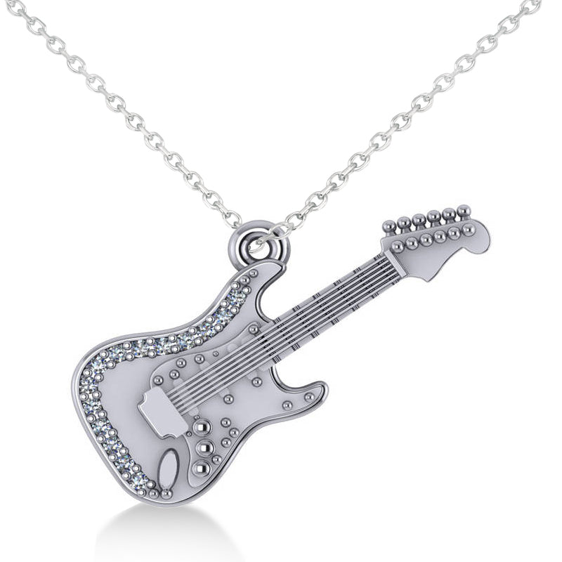 Diamond Guitar Music Pendant Necklace 14k White Gold (0.07ct)