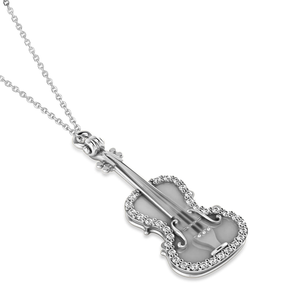 Diamond Violin Music Pendant Necklace 14K White Gold (0.16ct)