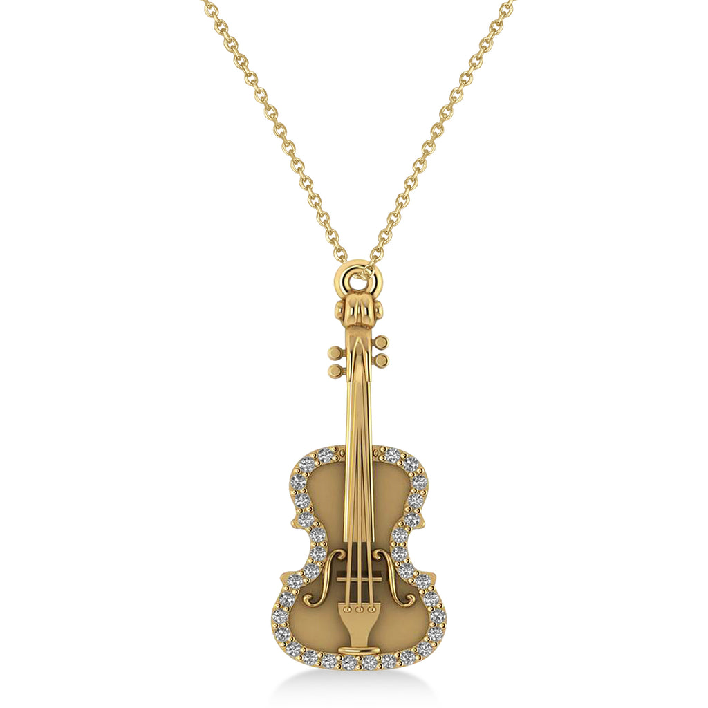 Diamond Violin Music Pendant Necklace 14K Yellow Gold (0.16ct)