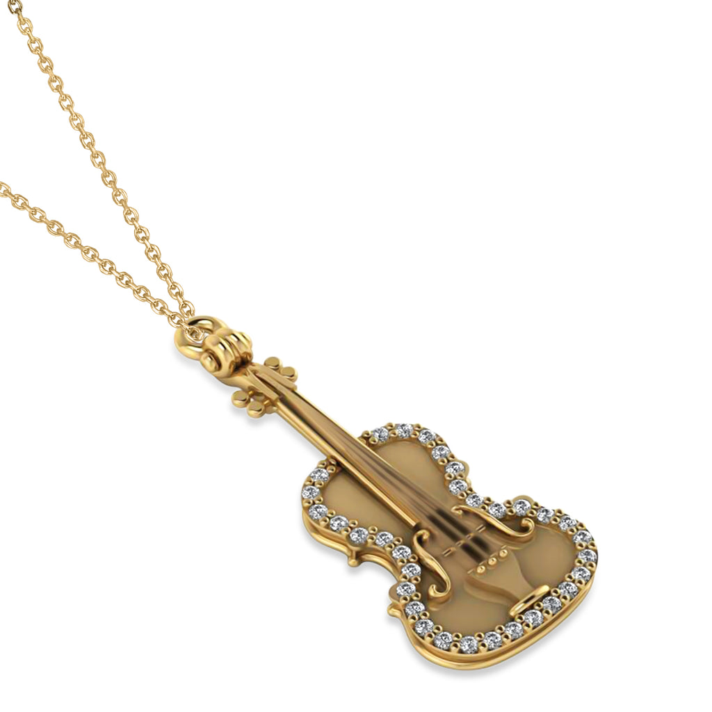 Diamond Violin Music Pendant Necklace 14K Yellow Gold (0.16ct)