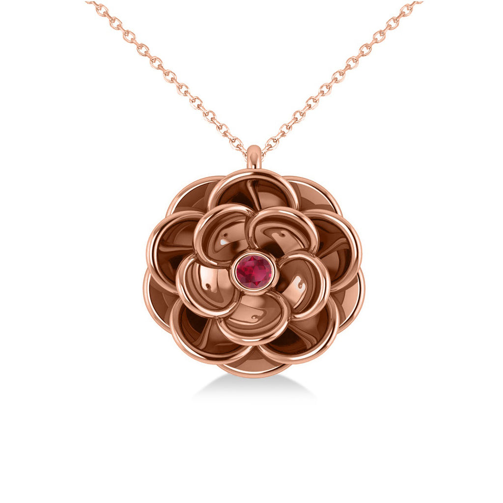 Ruby Round Flower Pendant Necklace 14k Rose Gold (0.05ct)