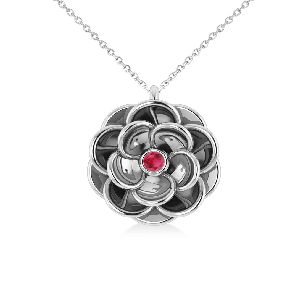 Ruby Round Flower Pendant Necklace 14k White Gold (0.05ct)