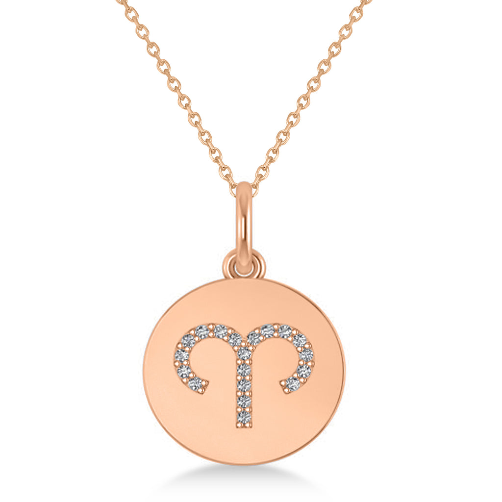 Diamond Aries Zodiac Disk Pendant Necklace 14k Rose Gold (0.095ct)