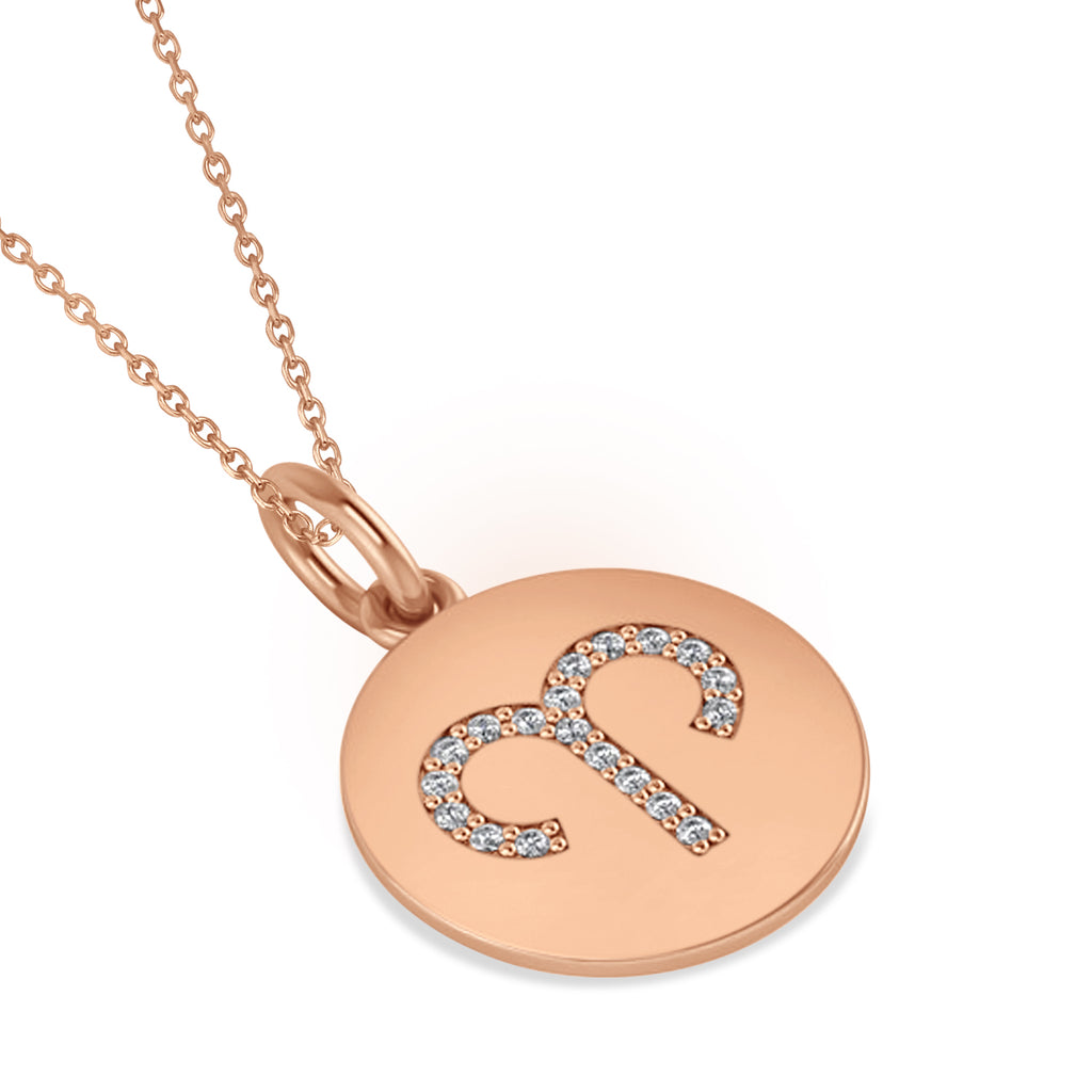 Diamond Aries Zodiac Disk Pendant Necklace 14k Rose Gold (0.095ct)