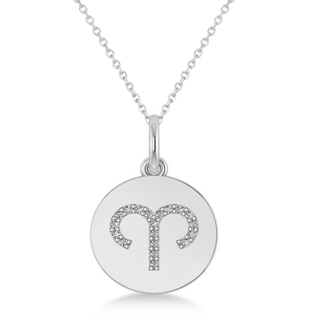 Diamond Aries Zodiac Disk Pendant Necklace 14k White Gold (0.095ct)