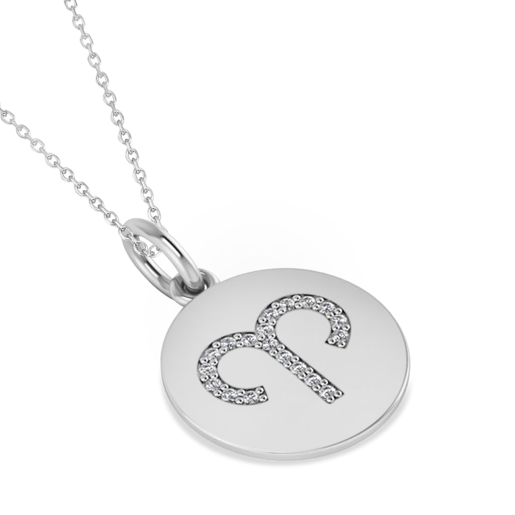 Diamond Aries Zodiac Disk Pendant Necklace 14k White Gold (0.095ct)