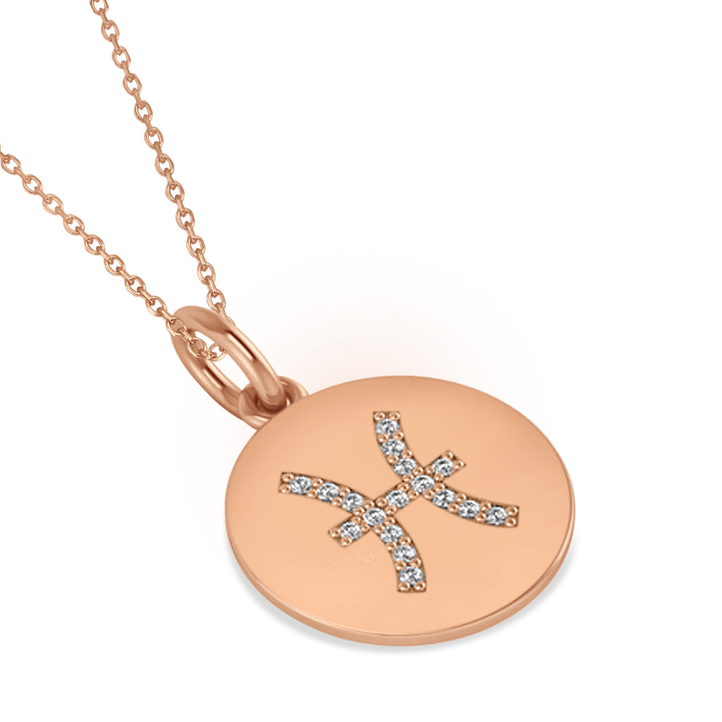Diamond Pisces Zodiac Disk Pendant Necklace 14k Rose Gold (0.085ct)