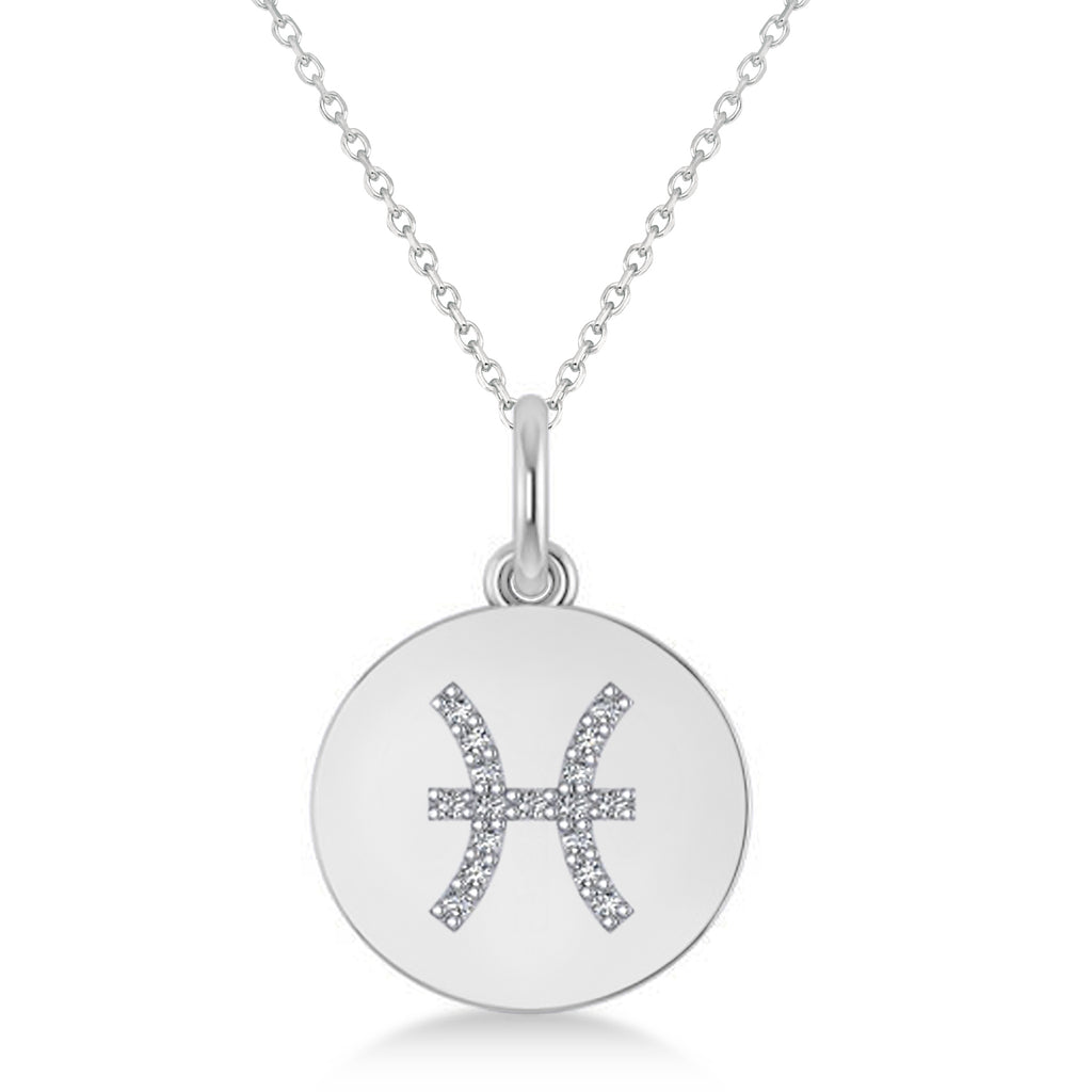 Diamond Pisces Zodiac Disk Pendant Necklace 14k White Gold (0.085ct)
