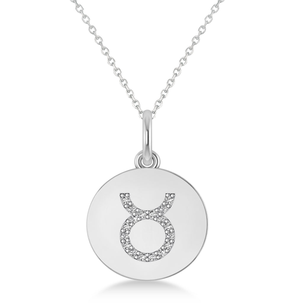 Diamond Taurus Zodiac Disk Pendant Necklace 14k White Gold (0.09ct)