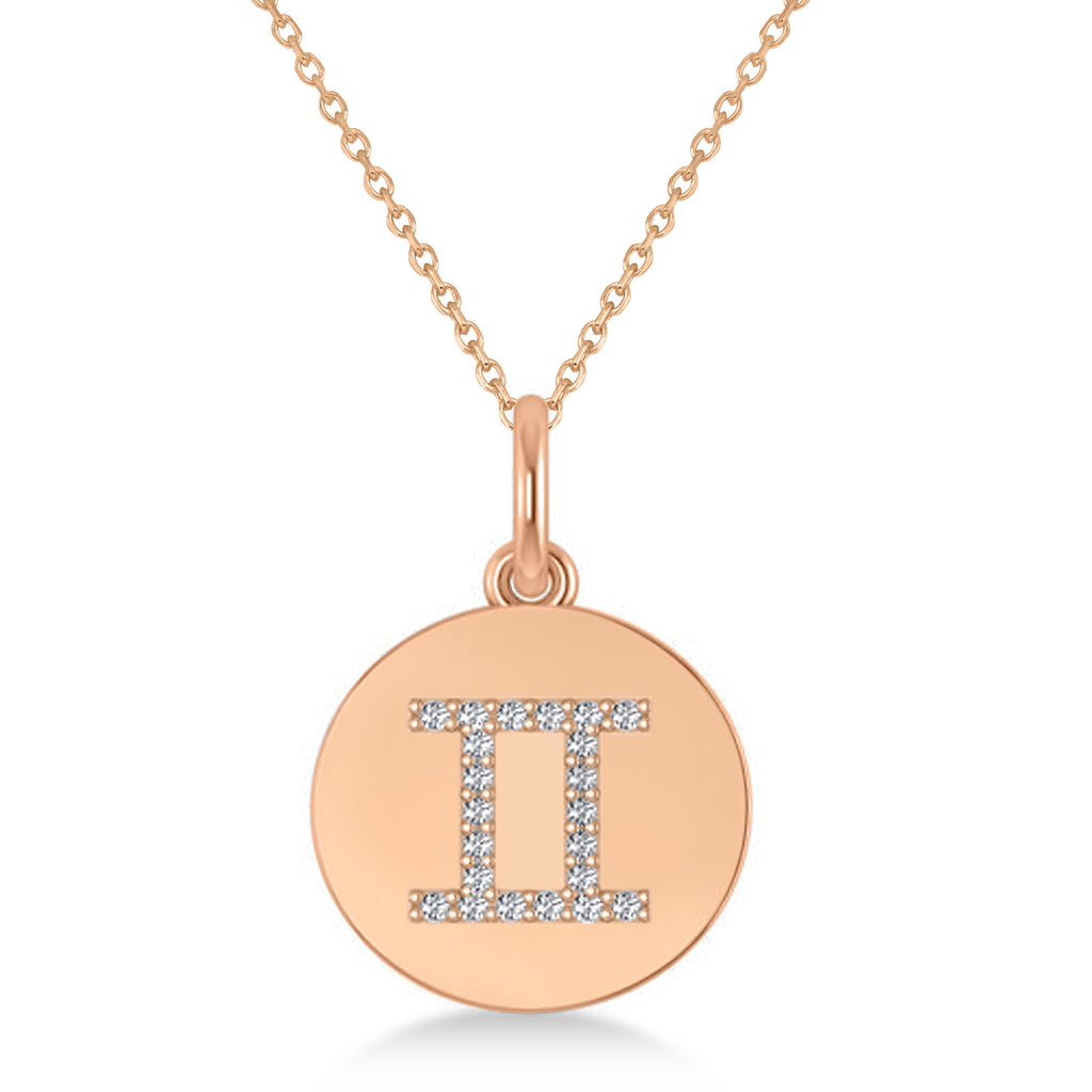 Diamond Gemini Zodiac Disk Pendant Necklace 14k Rose Gold (0.11ct)