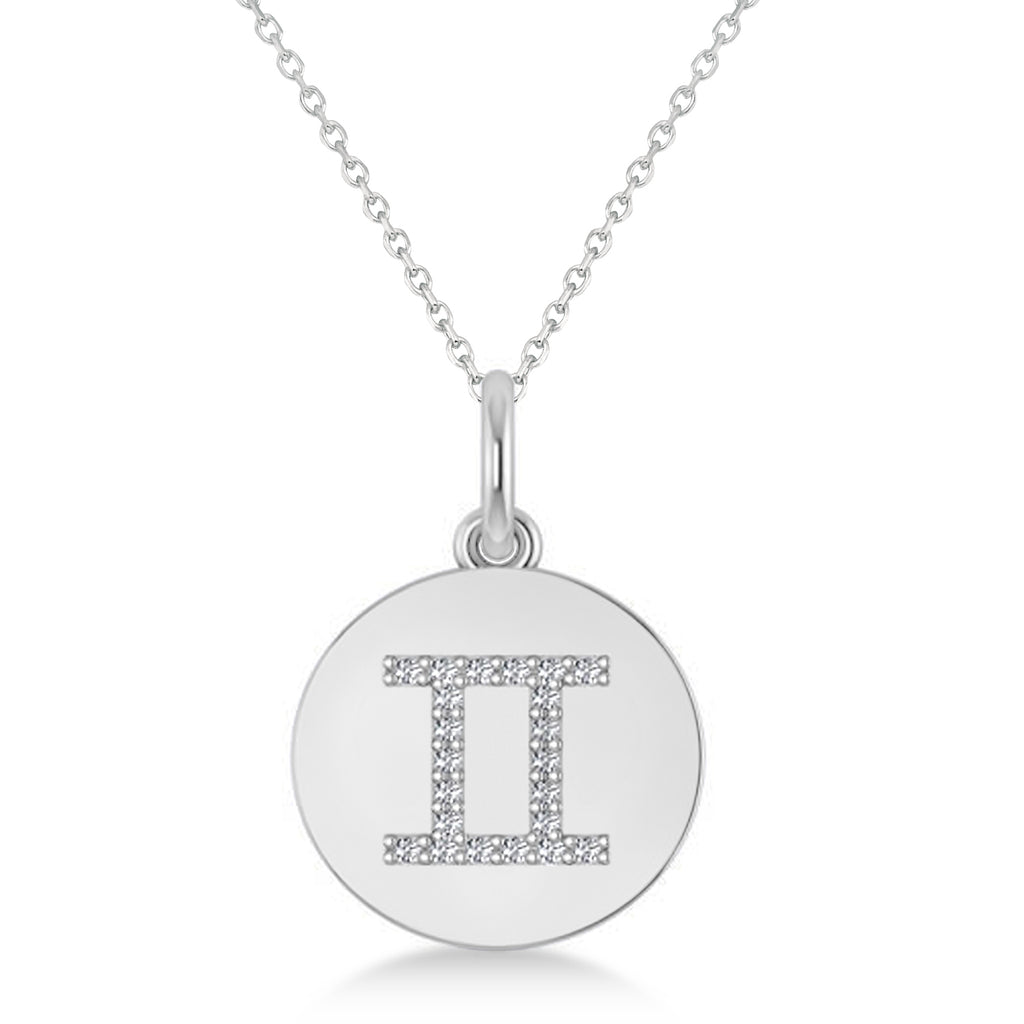 Diamond Gemini Zodiac Disk Pendant Necklace 14k White Gold (0.11ct)