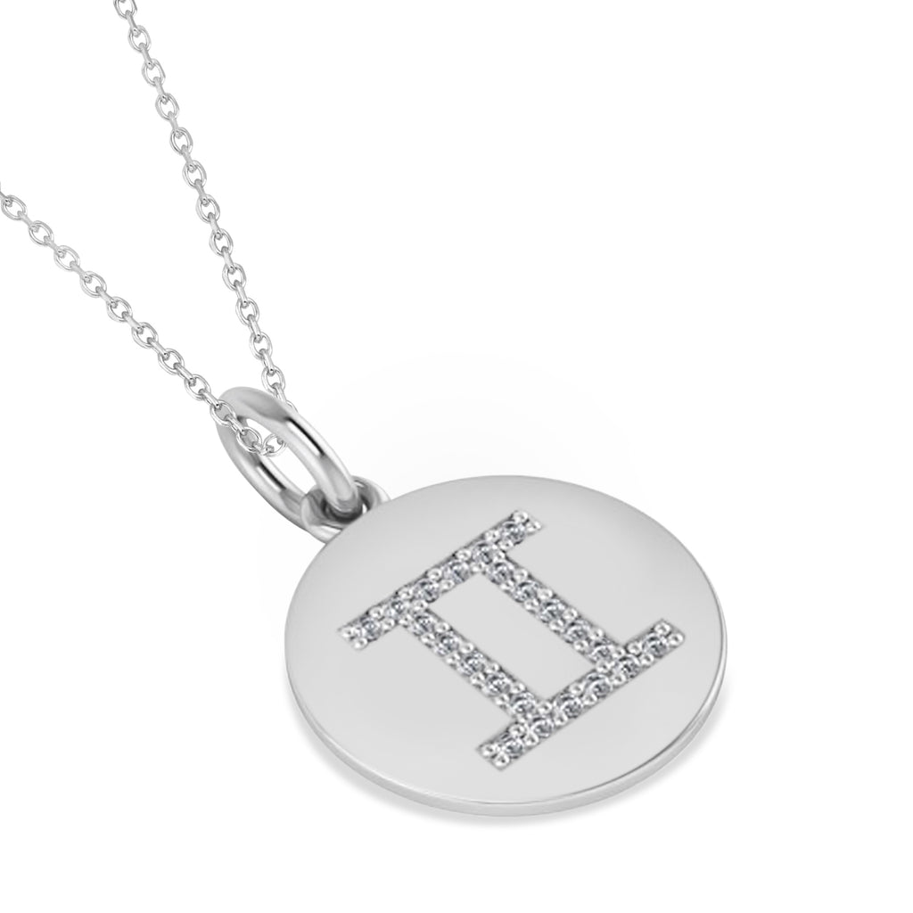 Diamond Gemini Zodiac Disk Pendant Necklace 14k White Gold (0.11ct)