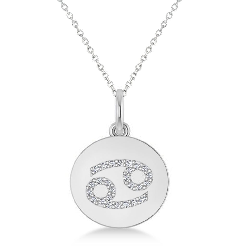 Diamond Cancer Zodiac Disk Pendant Necklace 14k White Gold (0.13ct)