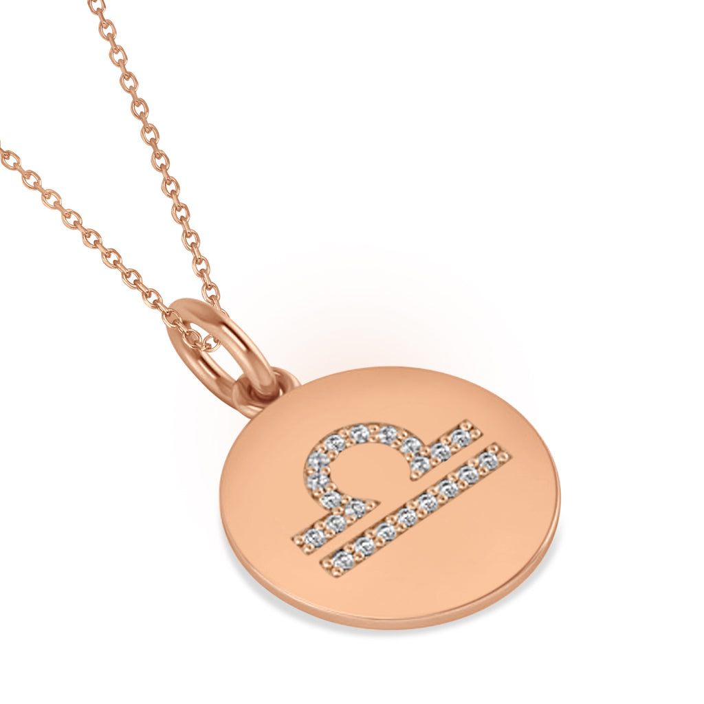 Diamond Libra Zodiac Disk Pendant Necklace 14k Rose Gold (0.105ct)