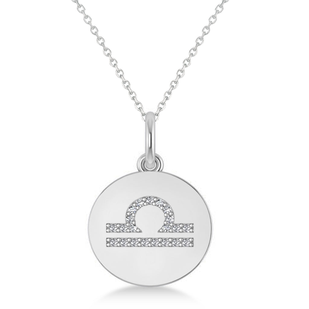 Diamond Libra Zodiac Disk Pendant Necklace 14k White Gold (0.105ct)