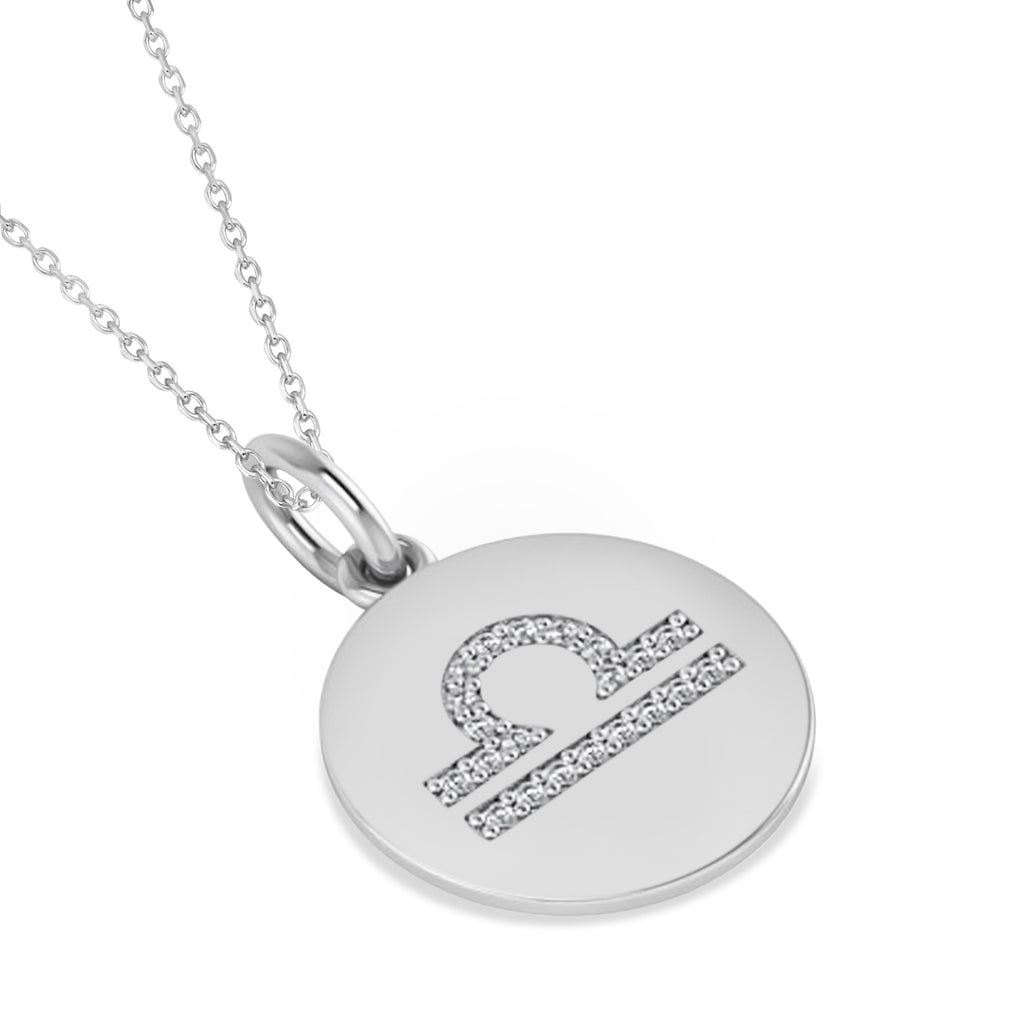 Diamond Libra Zodiac Disk Pendant Necklace 14k White Gold (0.105ct)