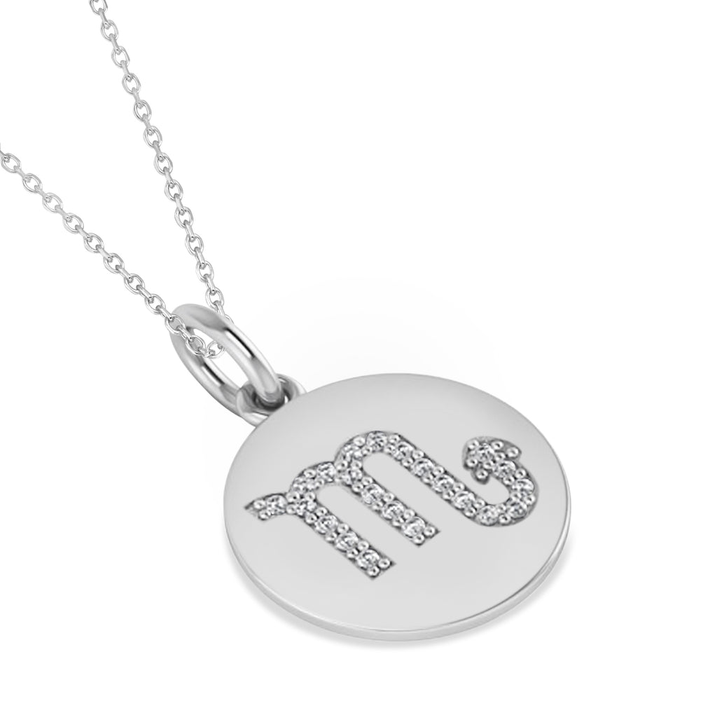Diamond Scorpio Zodiac Disk Pendant Necklace 14k White Gold (0.11ct)