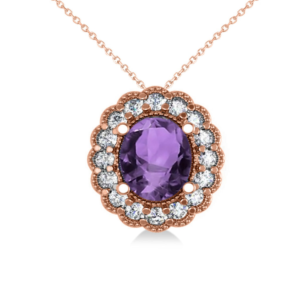 Amethyst & Diamond Floral Oval Pendant 14k Rose Gold (2.98ct)
