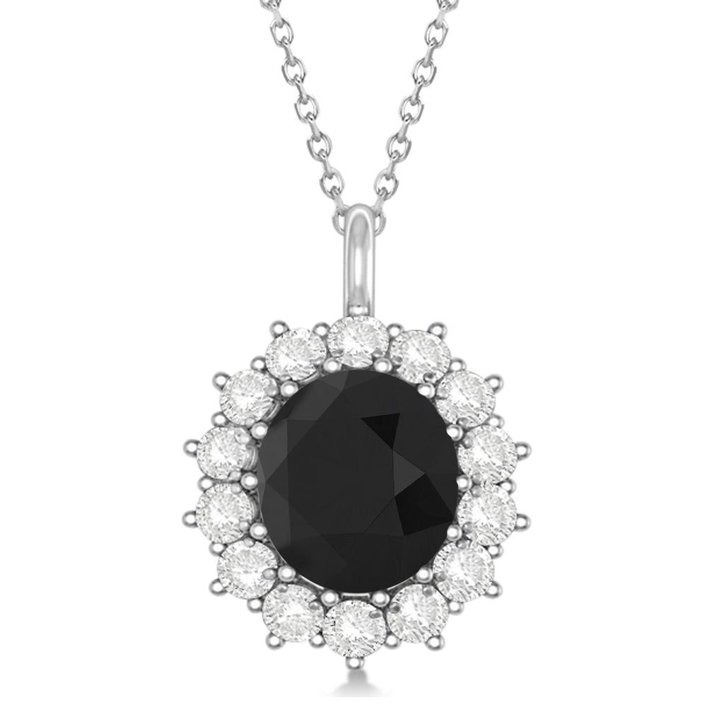 Oval Black Diamond and Diamond Pendant Necklace 14k White Gold (5.40ctw)