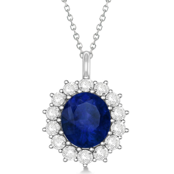 Oval Lab Blue Sapphire & Diamond Pendant Necklace 14k White Gold (5.40ctw)
