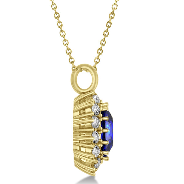 Oval Lab Blue Sapphire & Diamond Pendant Necklace 14k Yellow Gold 5.40ctw