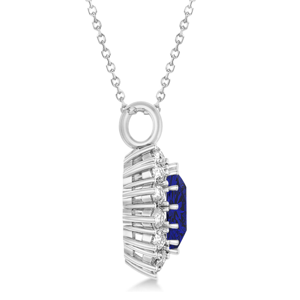Oval Lab Blue Sapphire & Diamond Pendant Necklace 18k White Gold (5.40ctw)
