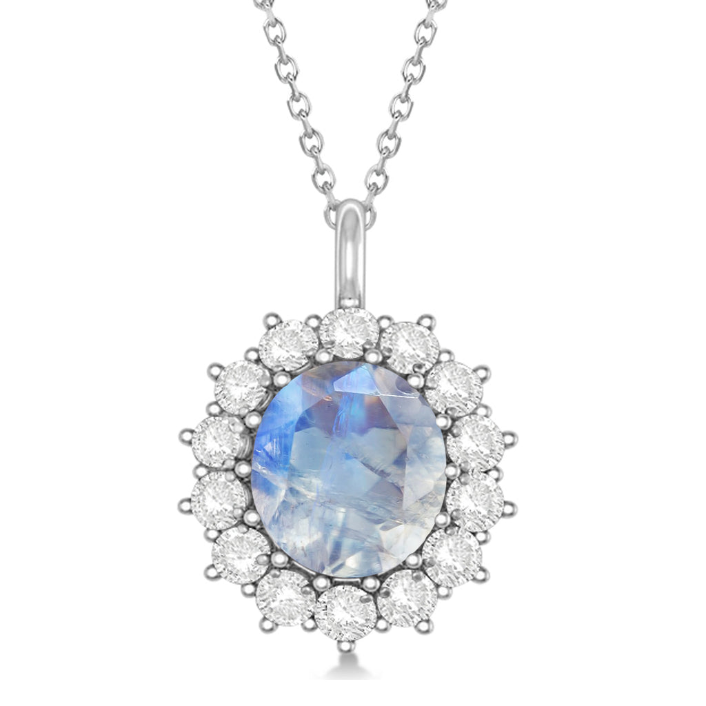 Oval Moonstone and Diamond Pendant Necklace 18K White Gold (5.40ctw)