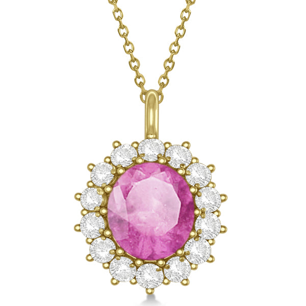 Oval Lab Pink Sapphire & Diamond Pendant Necklace 14k Yellow Gold 5.40ctw