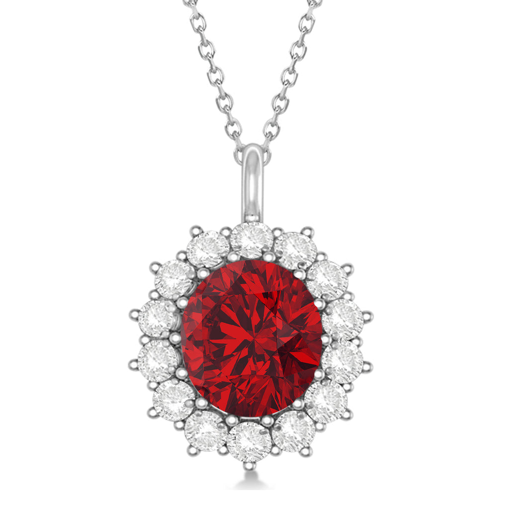 Oval Lab Ruby & Diamond Pendant Necklace 18K White Gold (5.40ctw)