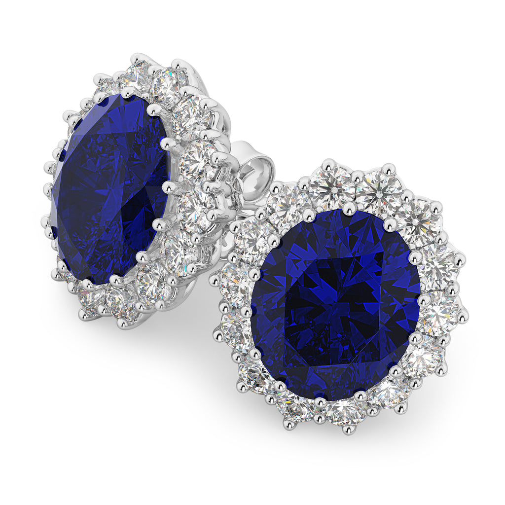 Oval Lab Blue Sapphire & Diamond Accented Earrings 14k White Gold (10.80ctw)