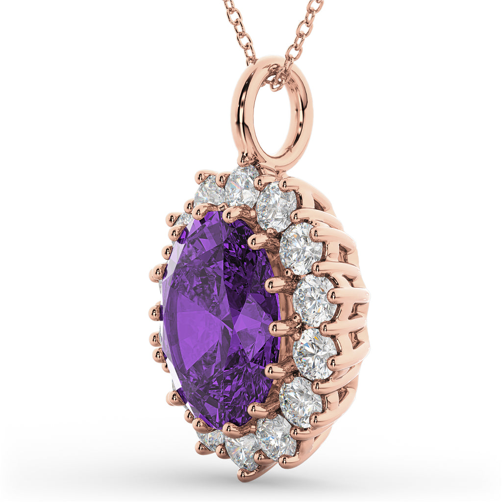 Oval Amethyst & Diamond Halo Pendant Necklace 14k Rose Gold (6.40ct)