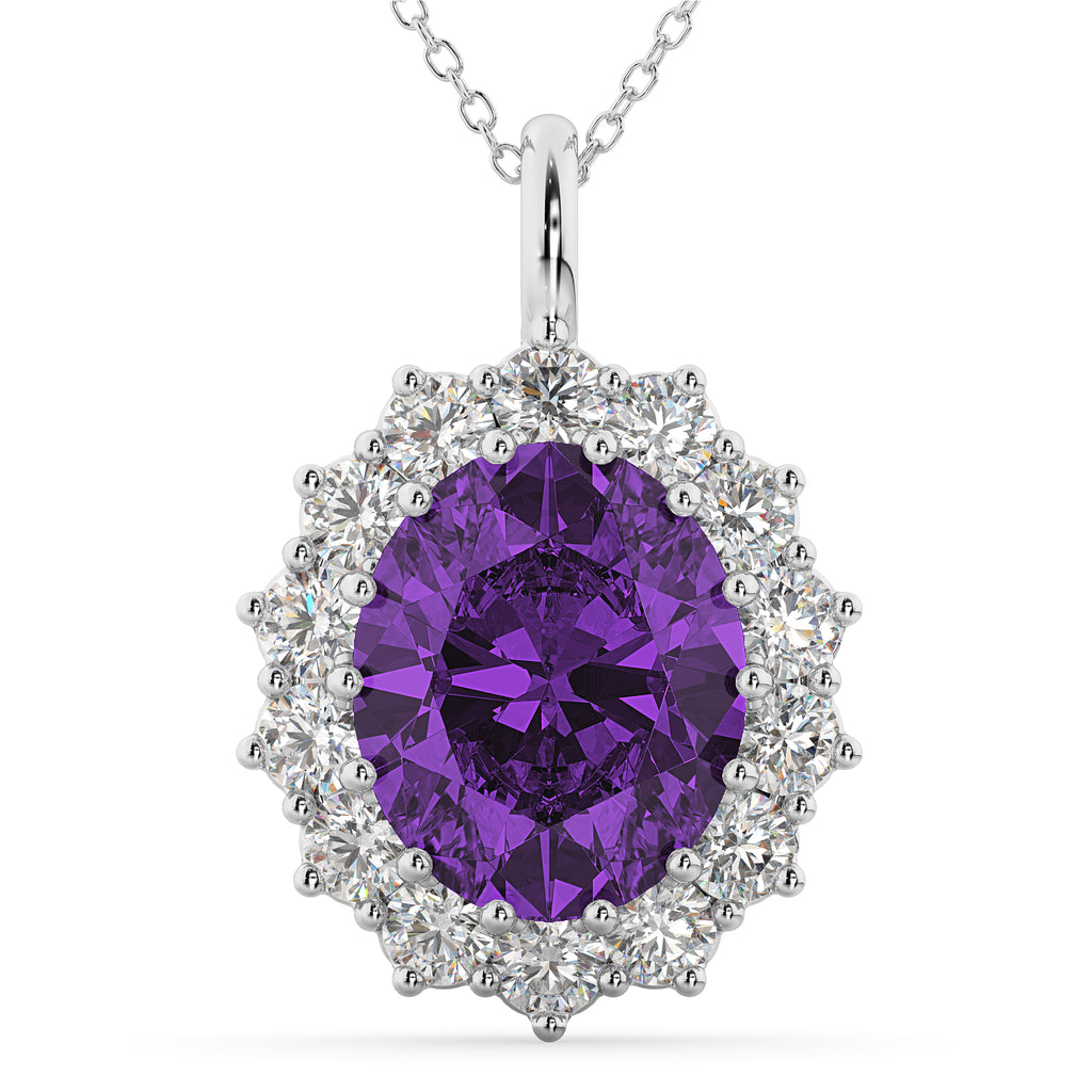 Oval Amethyst & Diamond Halo Pendant Necklace 14k White Gold (6.40ct)
