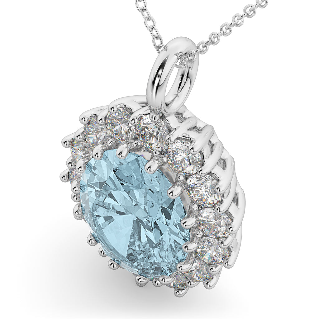 Oval Aquamarine & Diamond Halo Pendant Necklace 14k White Gold (6.40ct)