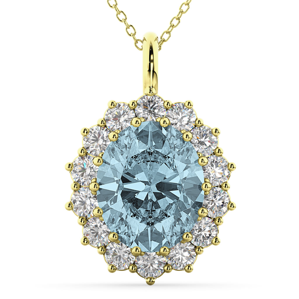 Oval Aquamarine & Diamond Halo Pendant Necklace 14k Yellow Gold (6.40ct)