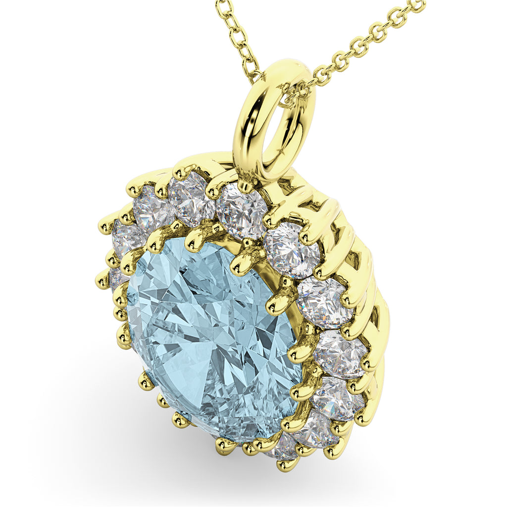 Oval Aquamarine & Diamond Halo Pendant Necklace 14k Yellow Gold (6.40ct)